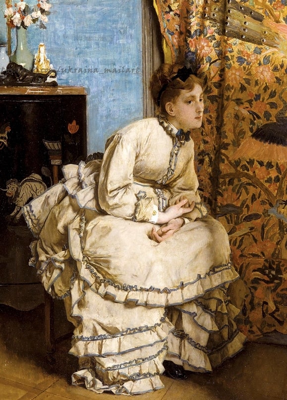 Frau im cremefarbenen Kleid vor japanischem Wandschirm und Lackschrank, Gemälde von Alfred Stevens