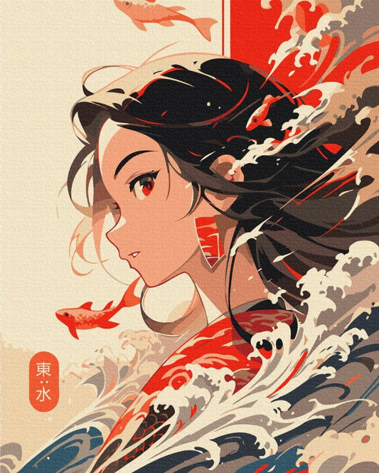 Stilisierte Illustration eines Frauenprofils mit Koi-Fischen und Meereswellen