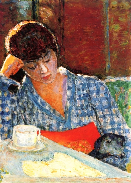Bonnard painting of a woman resting her head on her hand beside a sleeping dog and coffee cup