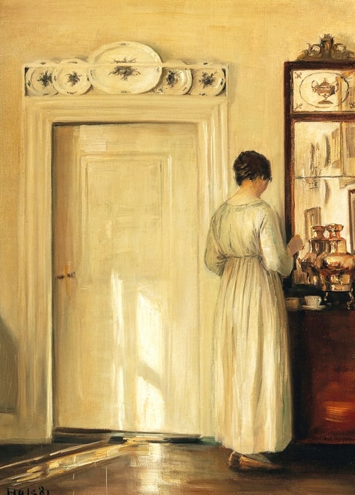 Painting of a woman arranging a copper tea service by a sunlit door, Carl Holsøe