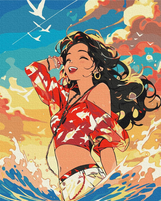Illustration einer lachenden Frau mit windzerzaustem Haar zwischen Meereswellen und Vögeln bei Sonnenuntergang