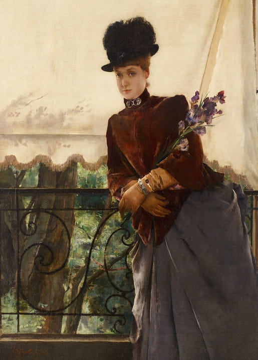 Painting of a woman in a velvet jacket leaning on a balcony railing with purple flowers