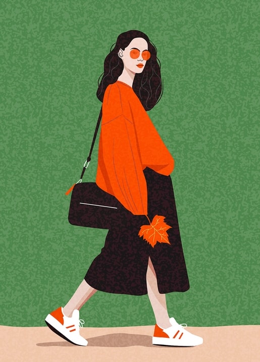 Illustration of a woman in an orange sweater and black skirt holding a maple leaf, green background