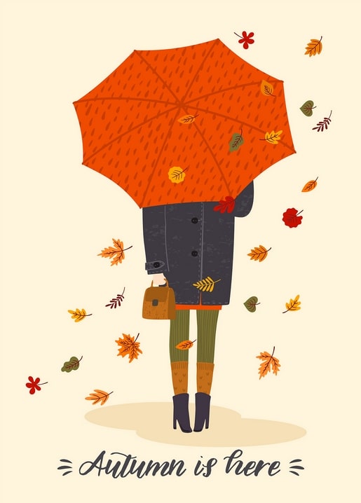 Illustration of a woman from behind holding a large orange umbrella amid falling autumn leaves