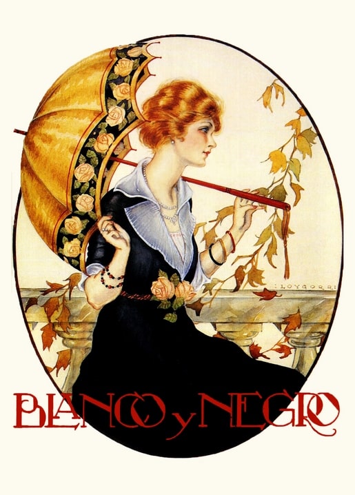 Vintage illustration of a redhead with a rose-trimmed parasol among autumn leaves