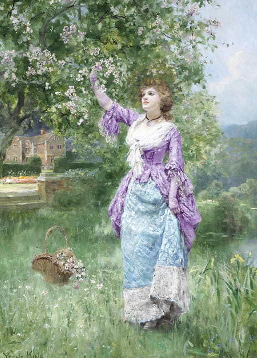 Painting by Henry John Yeend King of a woman in lilac picking blossoms with a flower basket