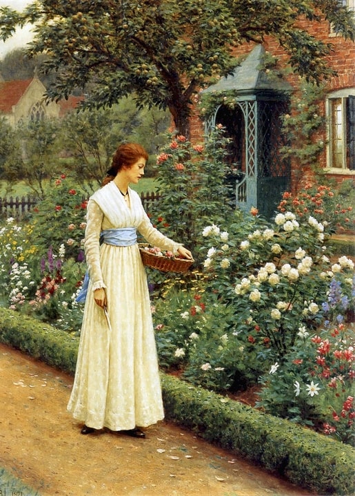Frau in Weiß pflückt Rosen im englischen Cottagegarten, Gemälde von Edmund Blair Leighton