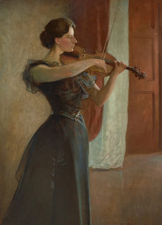 Painting of a woman in a dark gown playing the violin beside a sunlit curtain