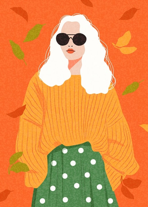 Flat-illustration portrait of a woman in a mustard sweater with sunglasses among falling autumn leaves