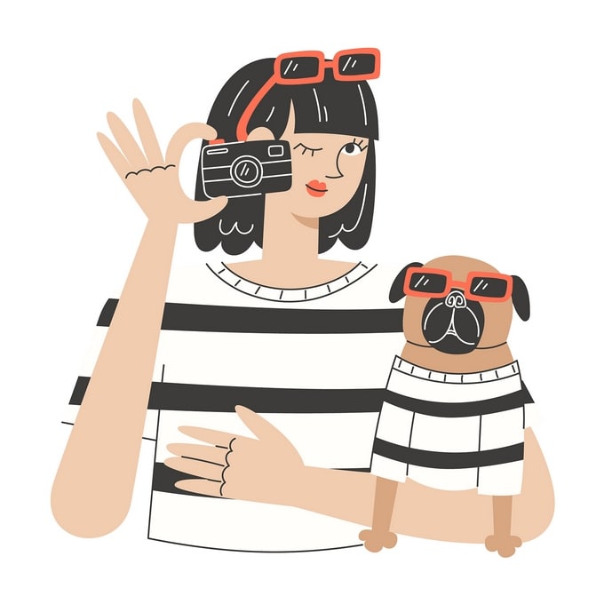 Illustrated postcard of a woman and her pug wearing matching orange sunglasses