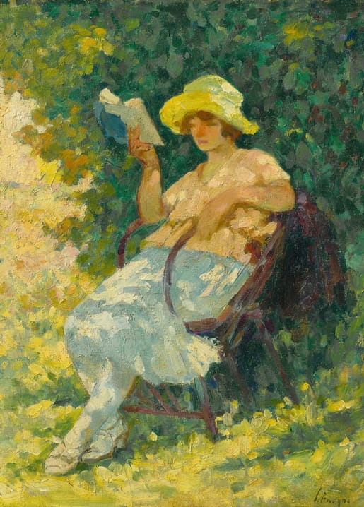 Henri Lebasque painting of a woman in a yellow hat reading in a garden, on a postcard