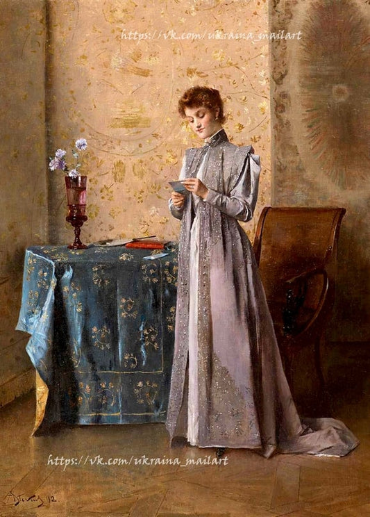 Alfred Stevens painting of a woman in lavender-grey silk reading a letter beside a vase of cornflowers