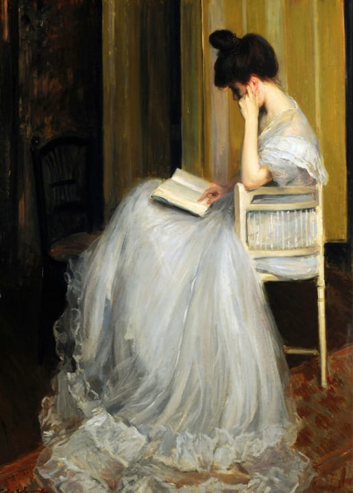 Woman in pale blue dress seated reading a book, hand resting on her cheek, painting reproduction.