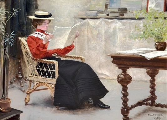 Frau in roter Bluse liest im Korbstuhl, Interieur-Gemälde von Paul Gustave Fischer, 1902