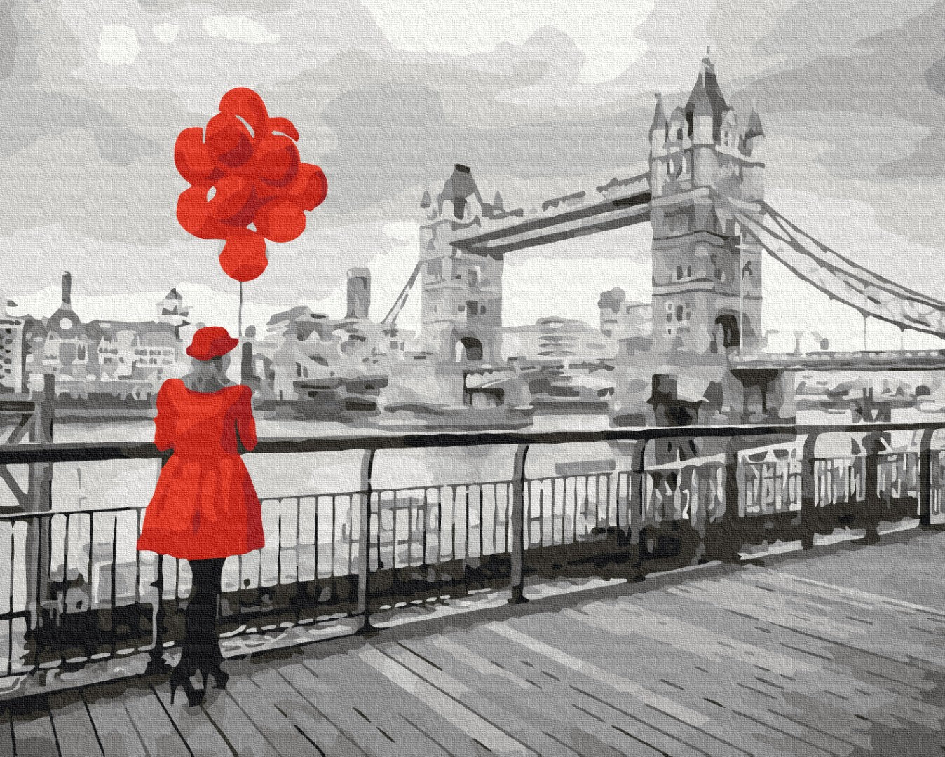 Schwarz-weißes Gemälde einer Frau im roten Kleid mit roten Ballons vor der Tower Bridge, Malen-nach-Zahlen-Leinwand