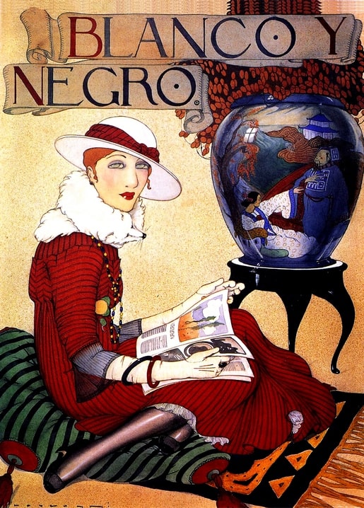 Woman in a red dress and fur collar reading a magazine beside a tall blue oriental vase