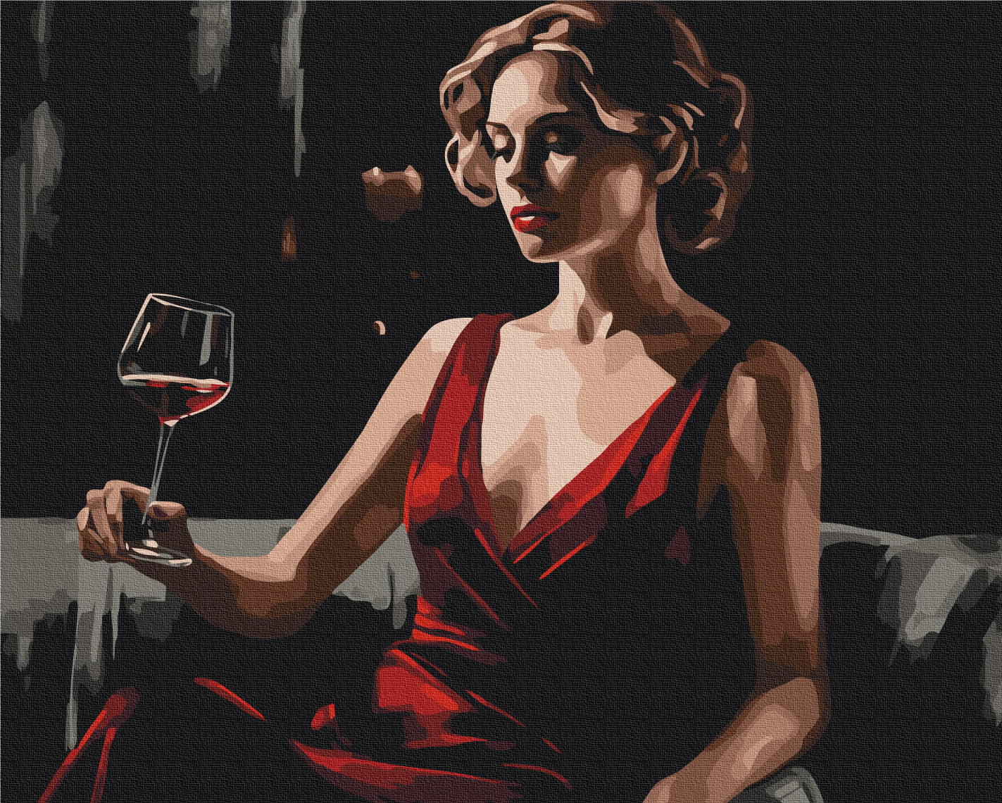 Frau im roten Kleid mit einem Glas Wein, dramatisches Malen-nach-Zahlen-Motiv
