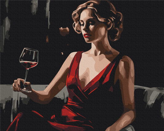 Frau im roten Kleid mit einem Glas Wein, dramatisches Malen-nach-Zahlen-Motiv