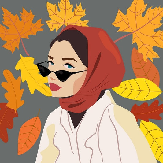 Illustration of a woman in a red headscarf and sunglasses amid orange maple leaves