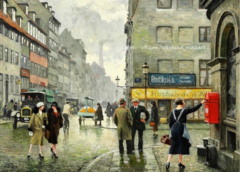 Woman posting a letter at a red postbox on a Copenhagen street corner, painting by Paul Gustave Fischer