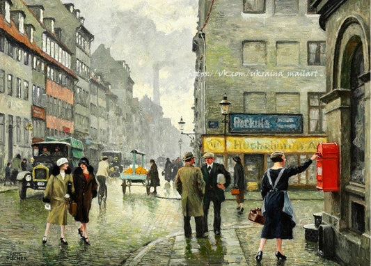 Woman posting a letter at a red postbox on a Copenhagen street corner, painting by Paul Gustave Fischer