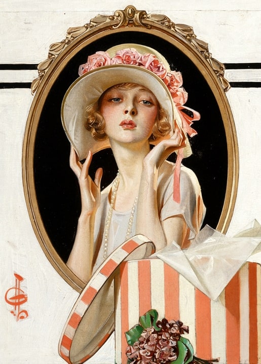 Vintage illustration of a woman in a rose-trimmed hat lifting the lid off a striped gift box