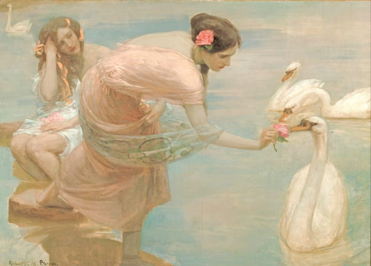 Painting of a woman in pink offering a rose to swans by the water, companion resting nearby