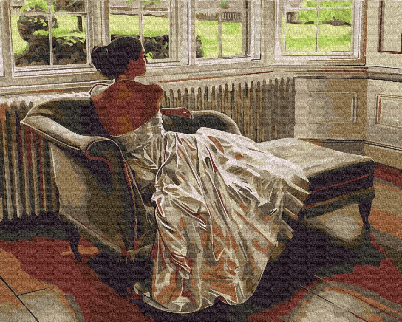 Illustration einer Frau im Satinkleid auf einer Chaiselongue, die aus dem Gartenfenster blickt