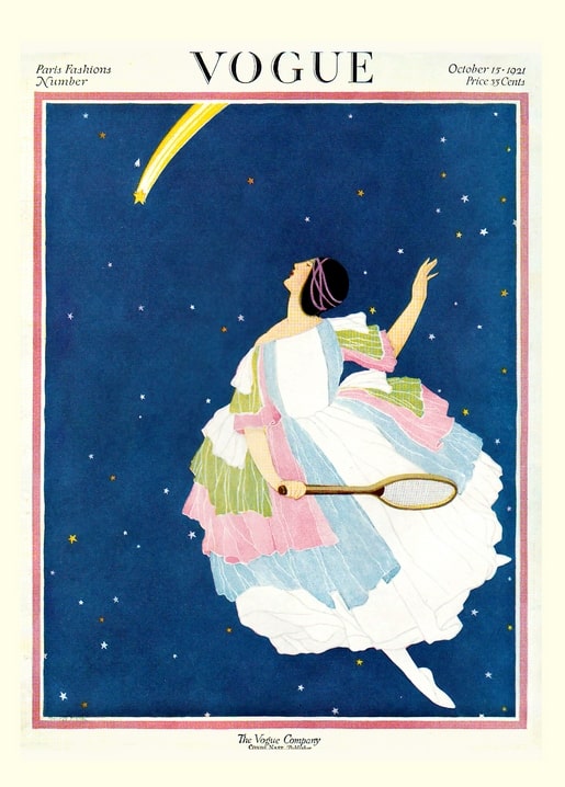 Woman in pastel gown with tennis racket reaching for a shooting star, 1921 Vogue cover postcard