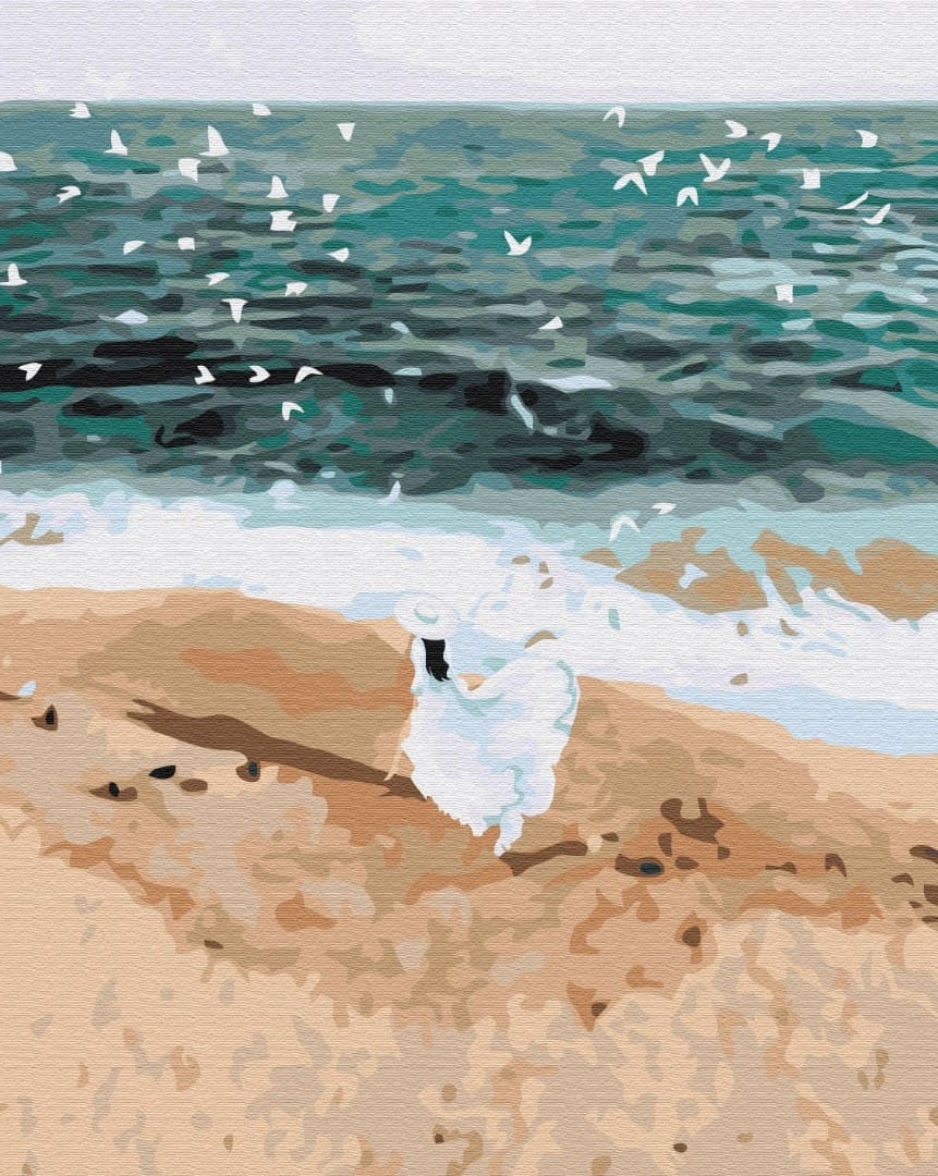 Woman in white walking a teal shoreline with seabirds overhead, coastal painting by Lana Mus