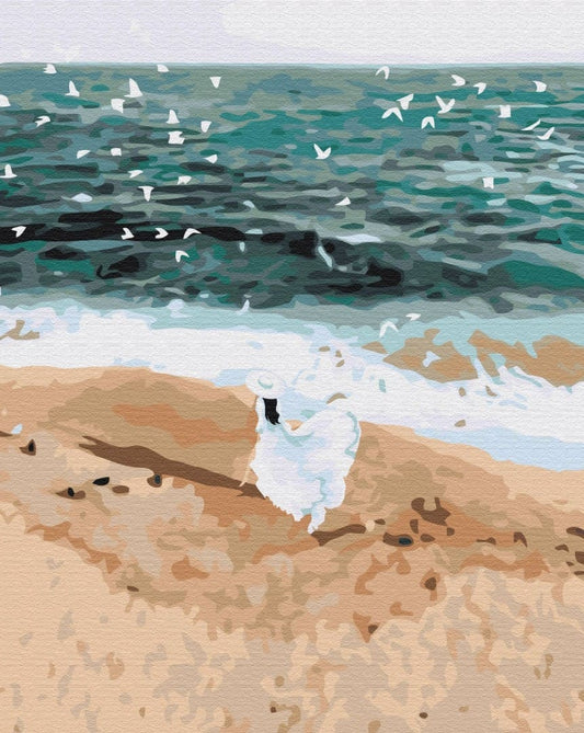 Woman in white walking a teal shoreline with seabirds overhead, coastal painting by Lana Mus