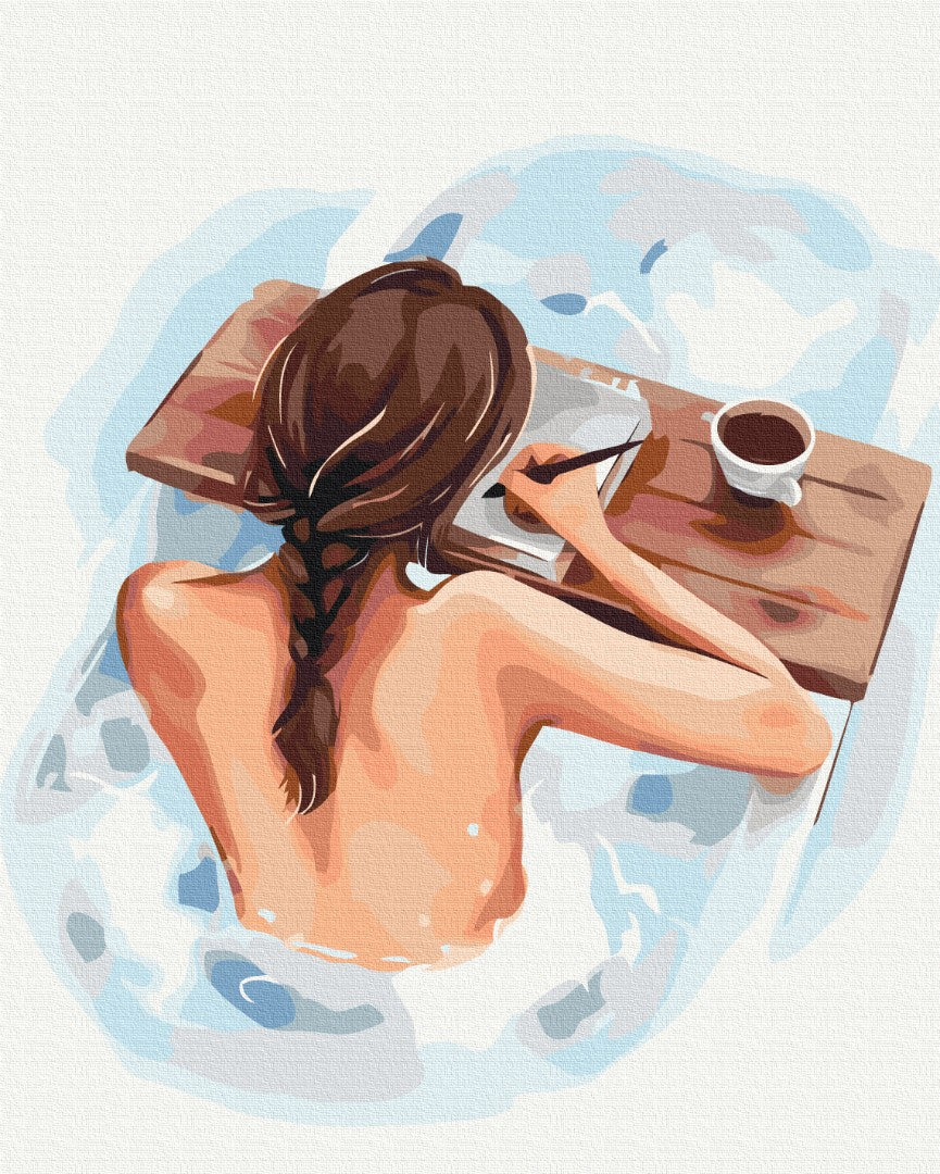 Frau von oben beim Skizzieren im Schaumbad mit Kaffee, Design von Alla Berezovska