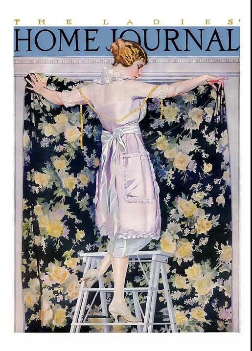 Vintage magazine cover of a woman on a stepladder hanging a yellow rose curtain