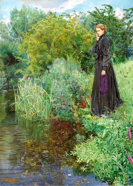 Painting of a woman in a black dress standing by a stream with wild irises and a flying crow