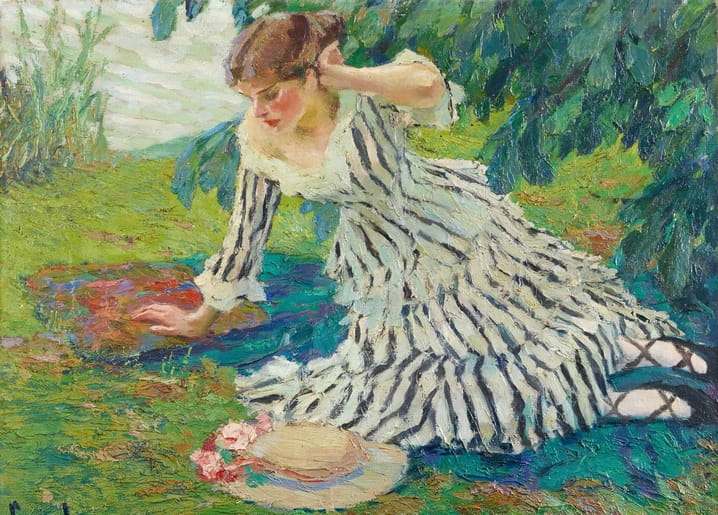 Woman in a striped dress resting in dappled shade, painting by Edward Cucuel