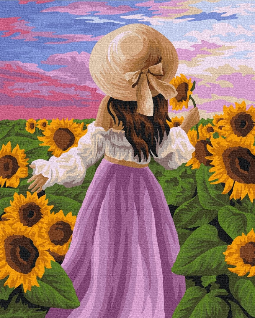 Frau mit Strohhut geht bei Sonnenuntergang durch ein Sonnenblumenfeld, Malen-nach-Zahlen-Motiv