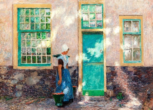 Emile Claus painting of a Flemish woman with a pail beside a sunlit stucco doorway