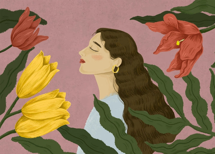 Illustration einer Frau im Profil zwischen roten und gelben Tulpen