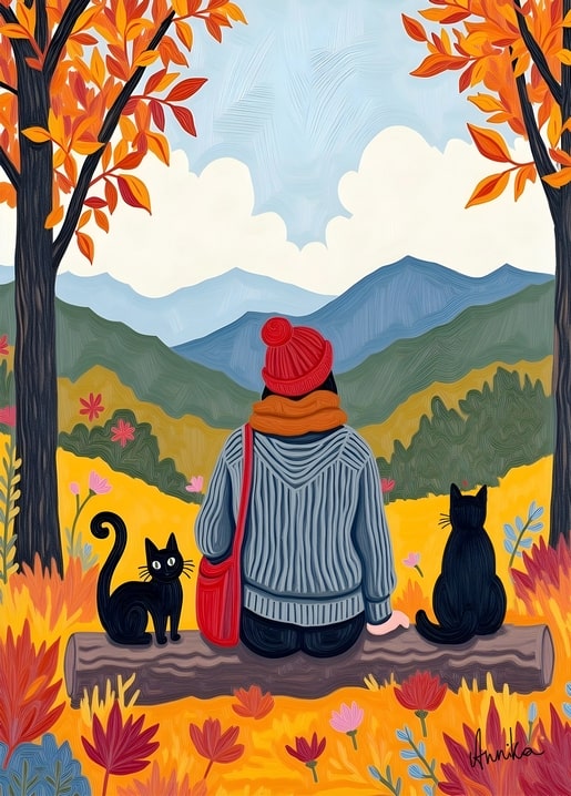 Illustrierte Frau mit rotem Hut, schwarz-weißer und schwarzer Katze auf herbstlichem Hügel