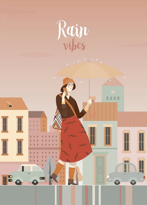 Illustrated woman in a beret walking a rainy autumn street with an umbrella