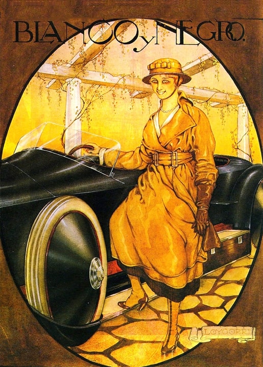 Woman in a mustard coat beside a vintage touring car under a vine-covered pergola