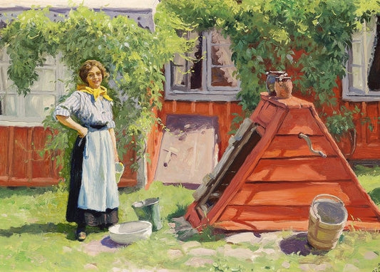 Painting of a woman with a watering can by a red wooden cottage and old well, Paul Gustave Fischer