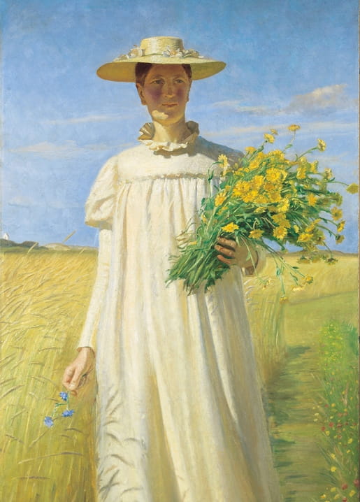 Portrait of a woman in white dress and straw hat holding yellow wildflowers in a golden wheat field, by Michael Ancher.