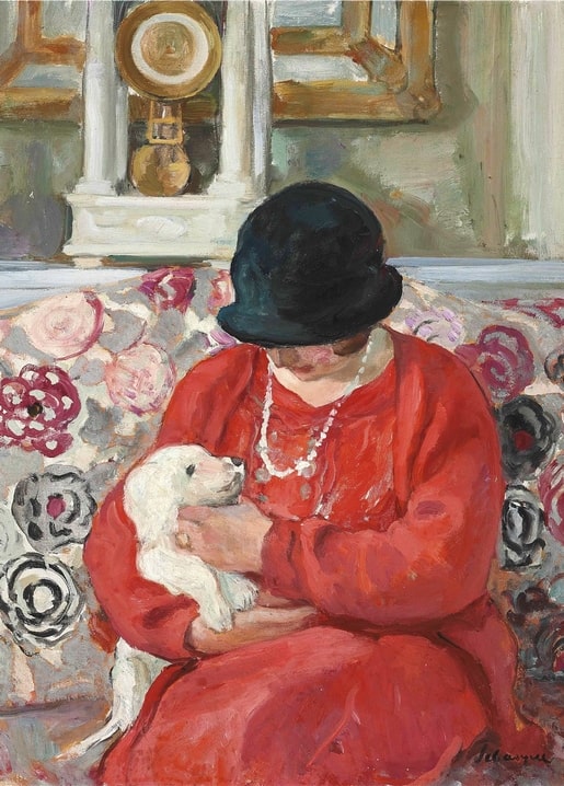 Henri Lebasque painting of a woman in red holding a little white dog