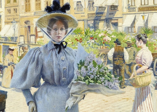 Gemälde von Paul Gustave Fischer: Frau in Blau mit Flieder an einem belebten Blumenmarktstand