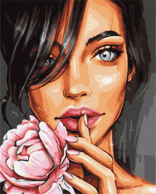 Illustriertes Porträt einer Frau mit rosa Rose an den Lippen, Malen-nach-Zahlen-Motiv