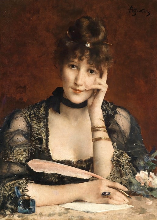 Alfred Stevens painting of a woman in black lace writing a letter with a feather quill