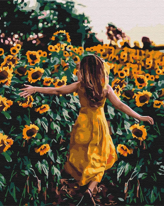 Malen-nach-Zahlen-Motiv einer Frau im gelben Kleid im Sonnenblumenfeld
