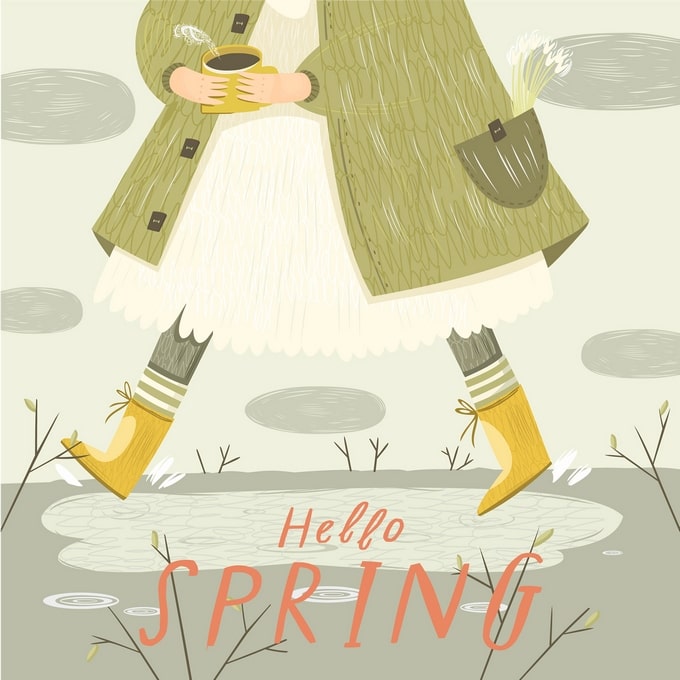 Illustration of a woman in yellow rain boots walking through a spring puddle with tea