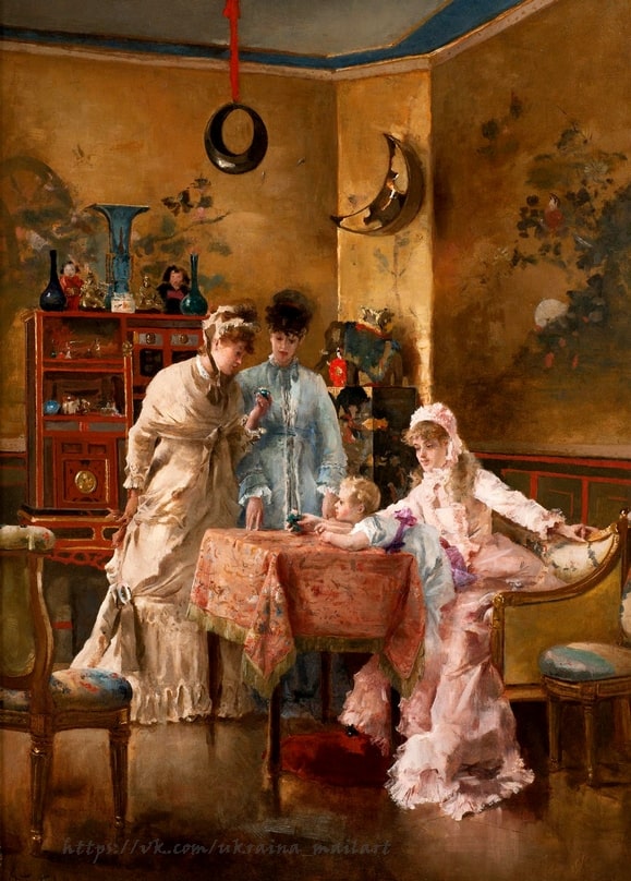 Three women and a child gathered at a table in a gilded Japanese-style Parisian salon, by Alfred Stevens